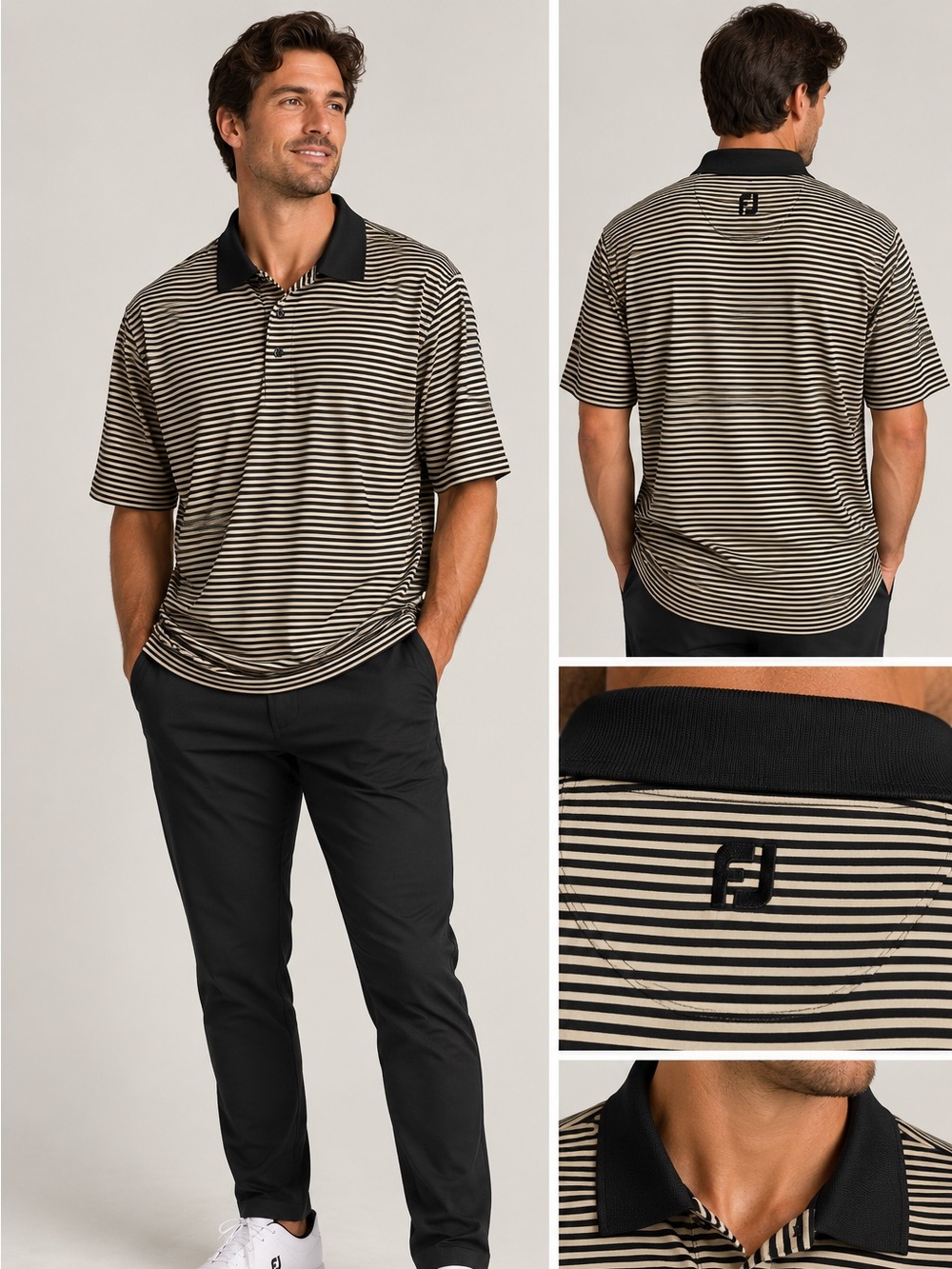 Black and off-White Striped Polo Shirt